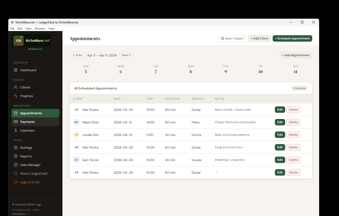 LedgerDesk Appointments view with a week navigator and a list of scheduled sessions showing client, date, time, duration, service, and notes