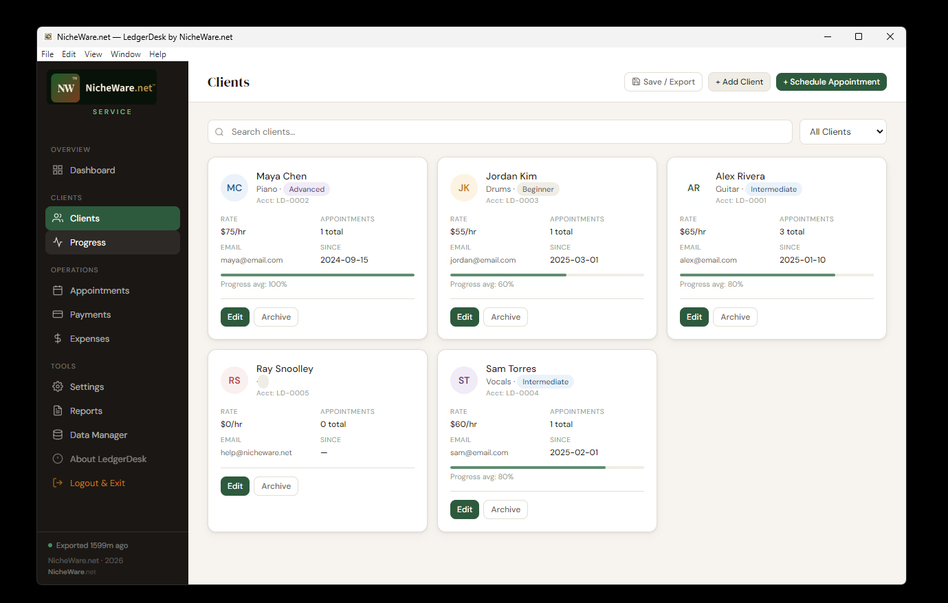 LedgerDesk Clients view showing a card grid with client details, rates, appointment counts, and progress bars