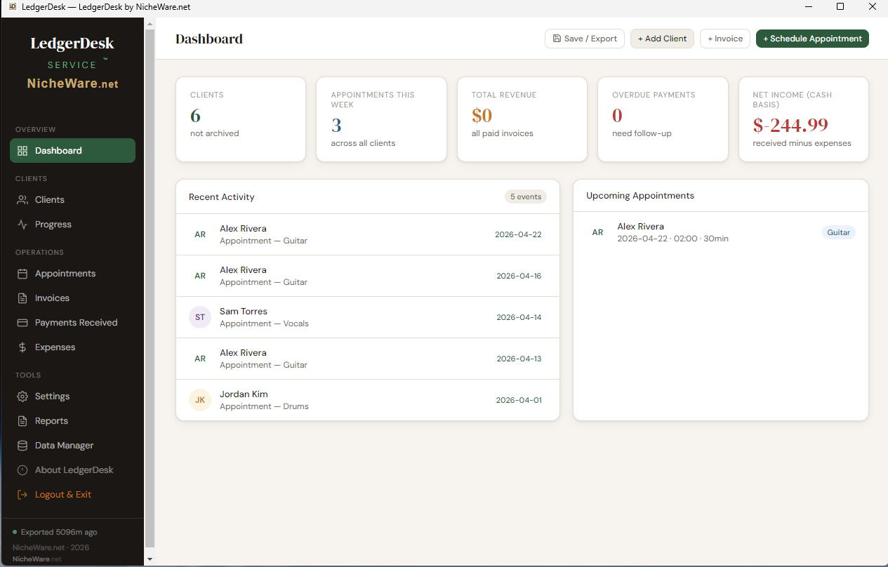 LedgerDesk Dashboard showing KPI summary cards, recent activity feed, and upcoming appointments panel