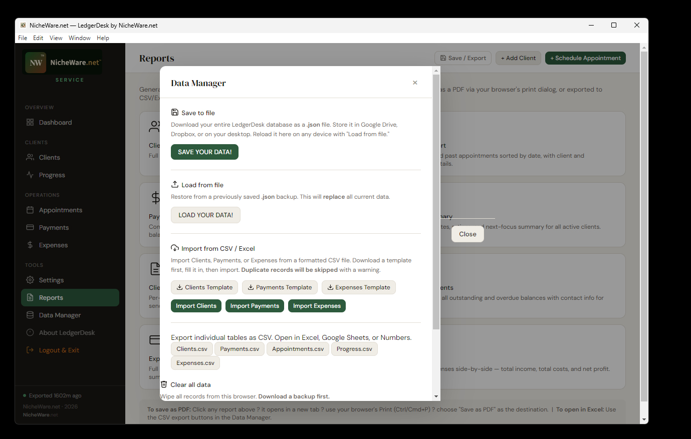 LedgerDesk Data Manager modal with sections for JSON backup, CSV import with template downloads, individual table CSV exports, and a clear data option