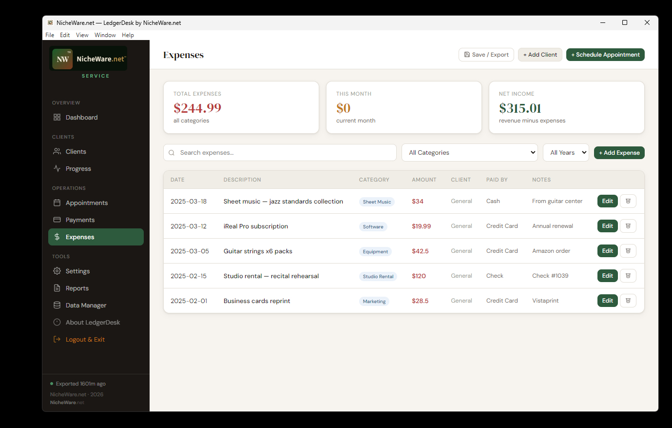 LedgerDesk Expenses view with summary tiles for total expenses, this month, and net income, plus a line-item table with category tags