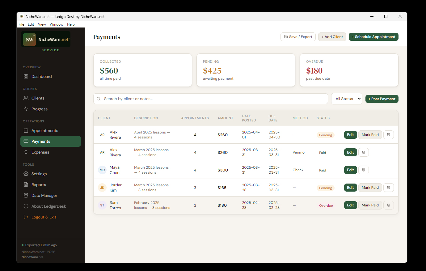 LedgerDesk Payments view with summary tiles for collected, pending, and overdue amounts, plus an invoice table with status badges
